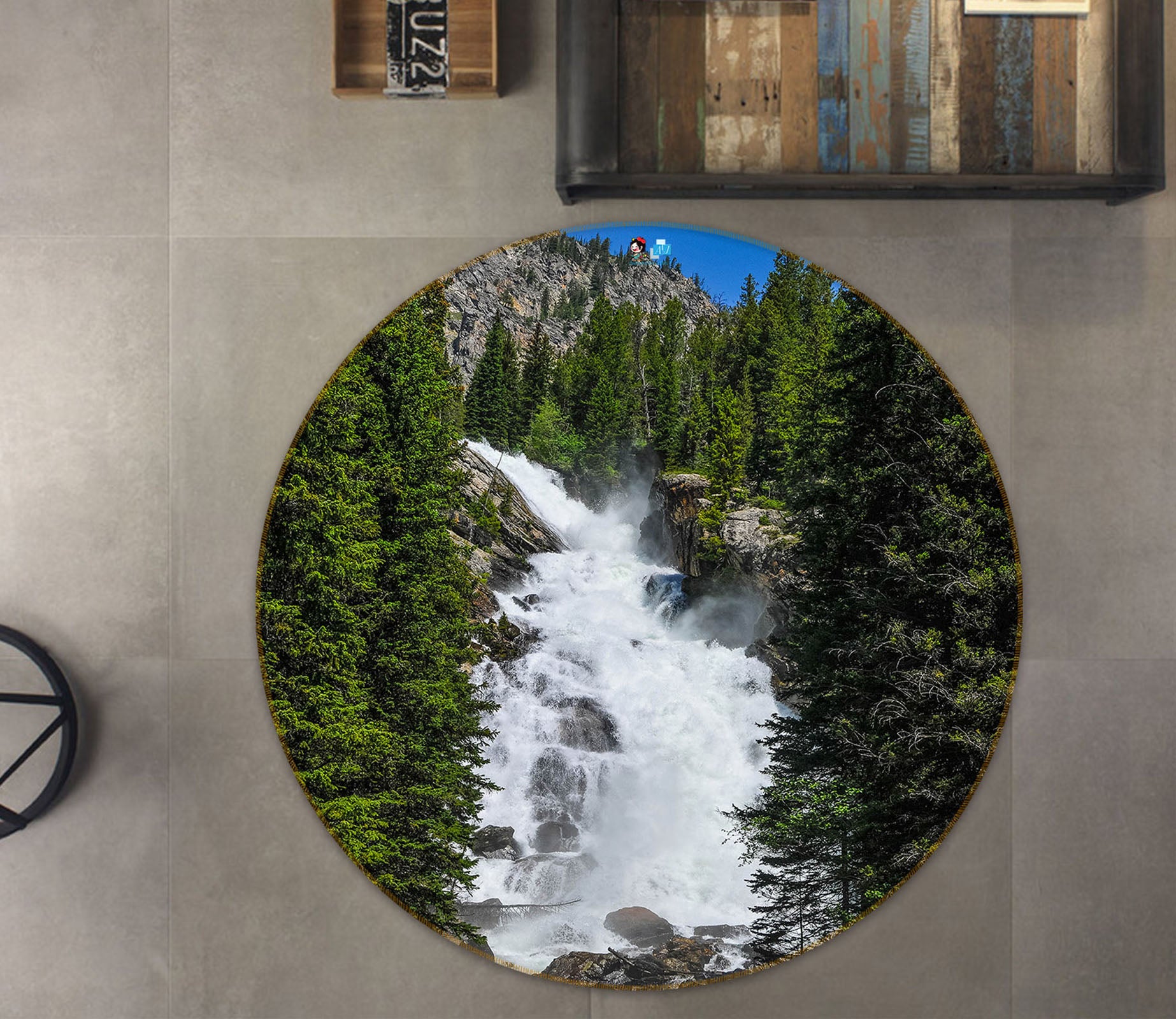 3D Forest Running Water 69110 Round Non Slip Rug Mat