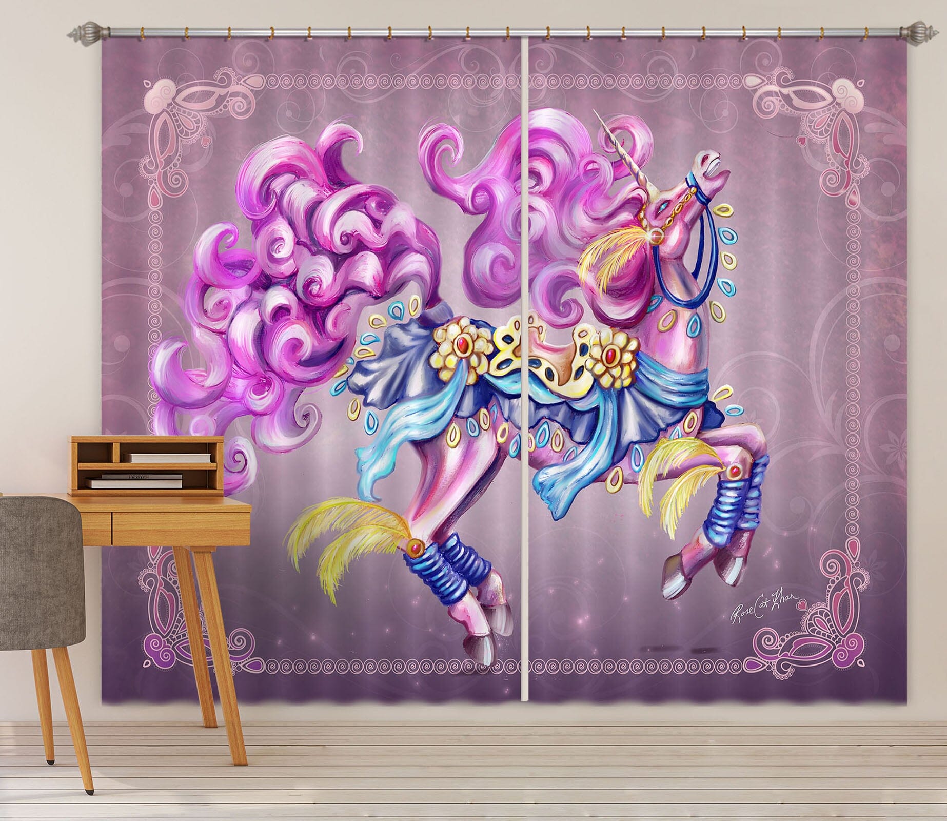3D Purple Unicorn 115 Rose Catherine Khan Curtain Curtains Drapes Curtains AJ Creativity Home 