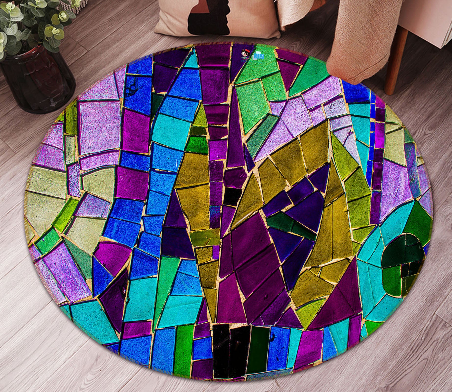 3D Color Block 69228 Round Non Slip Rug Mat