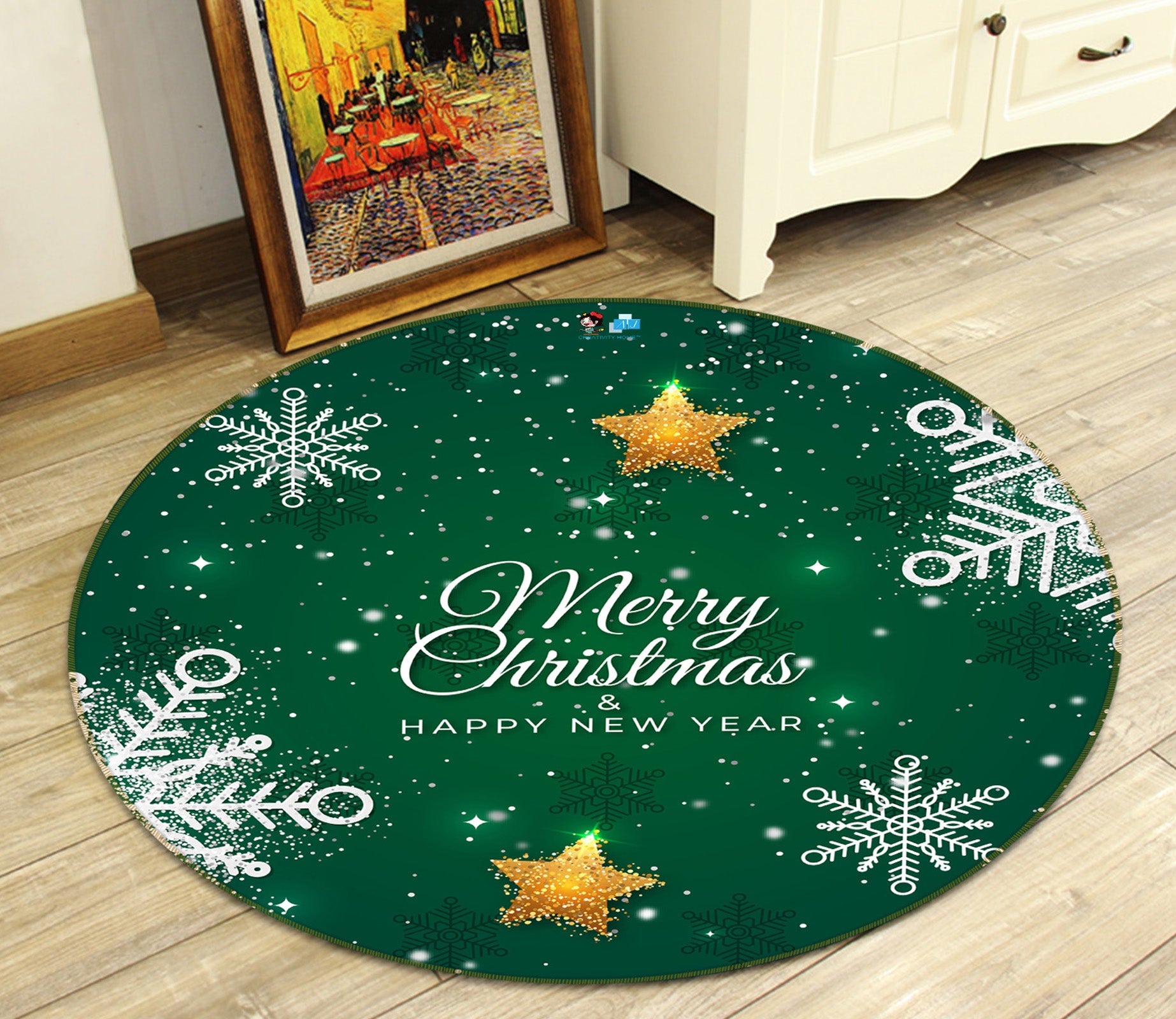 3D Snow Yellow Stars 81093 Round Non Slip Rug Mat