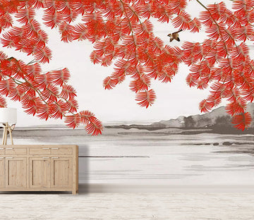 3D Red Leaves Bird WC414 Wall Murals