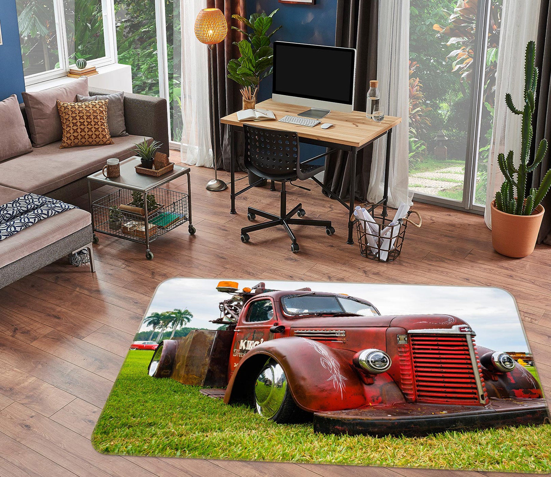 3D Grass Retro Red Car 67230 Vehicle Non Slip Rug Mat