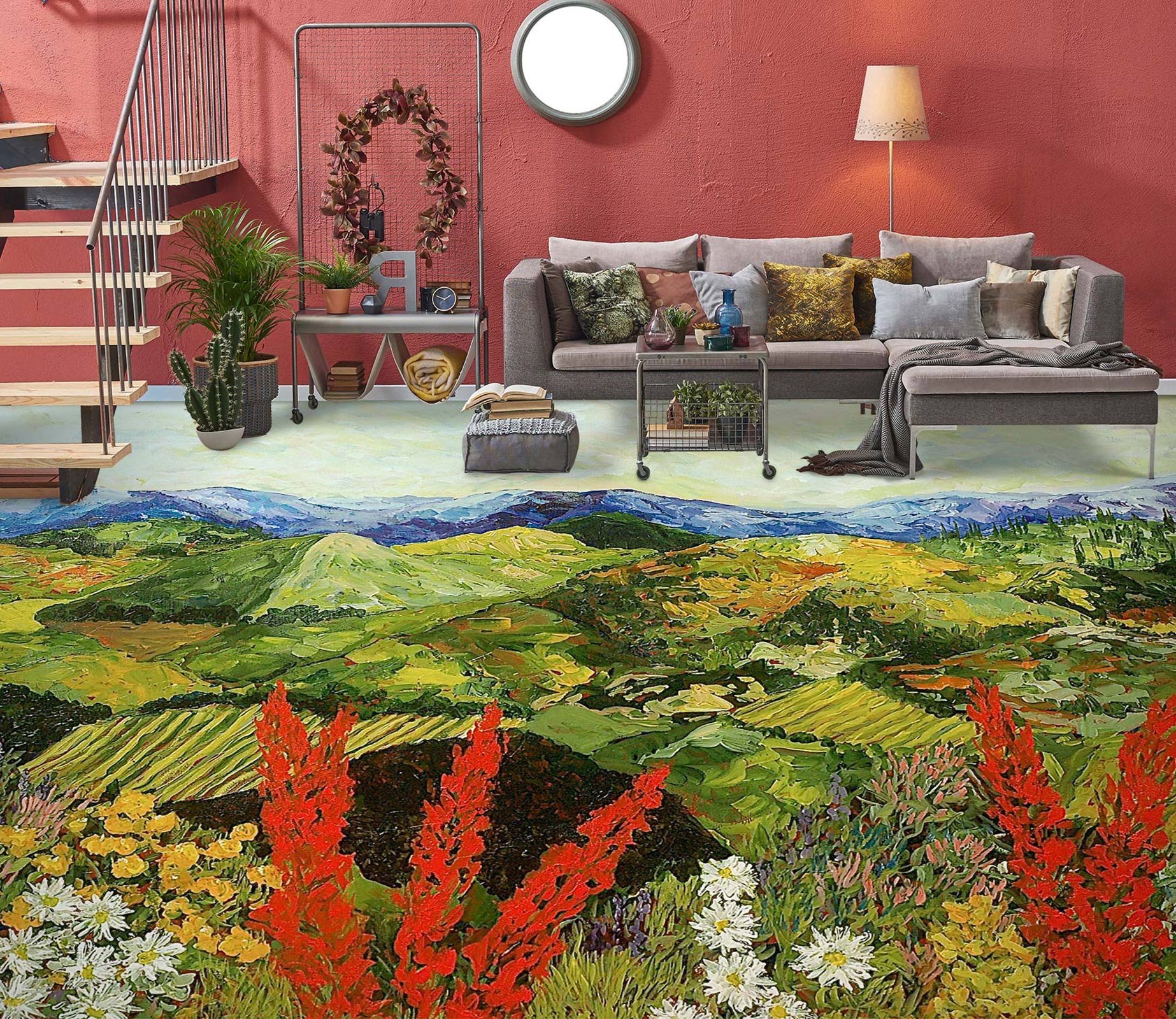 3D Green Hillside Red Flowers 9542 Allan P. Friedlander Floor Mural