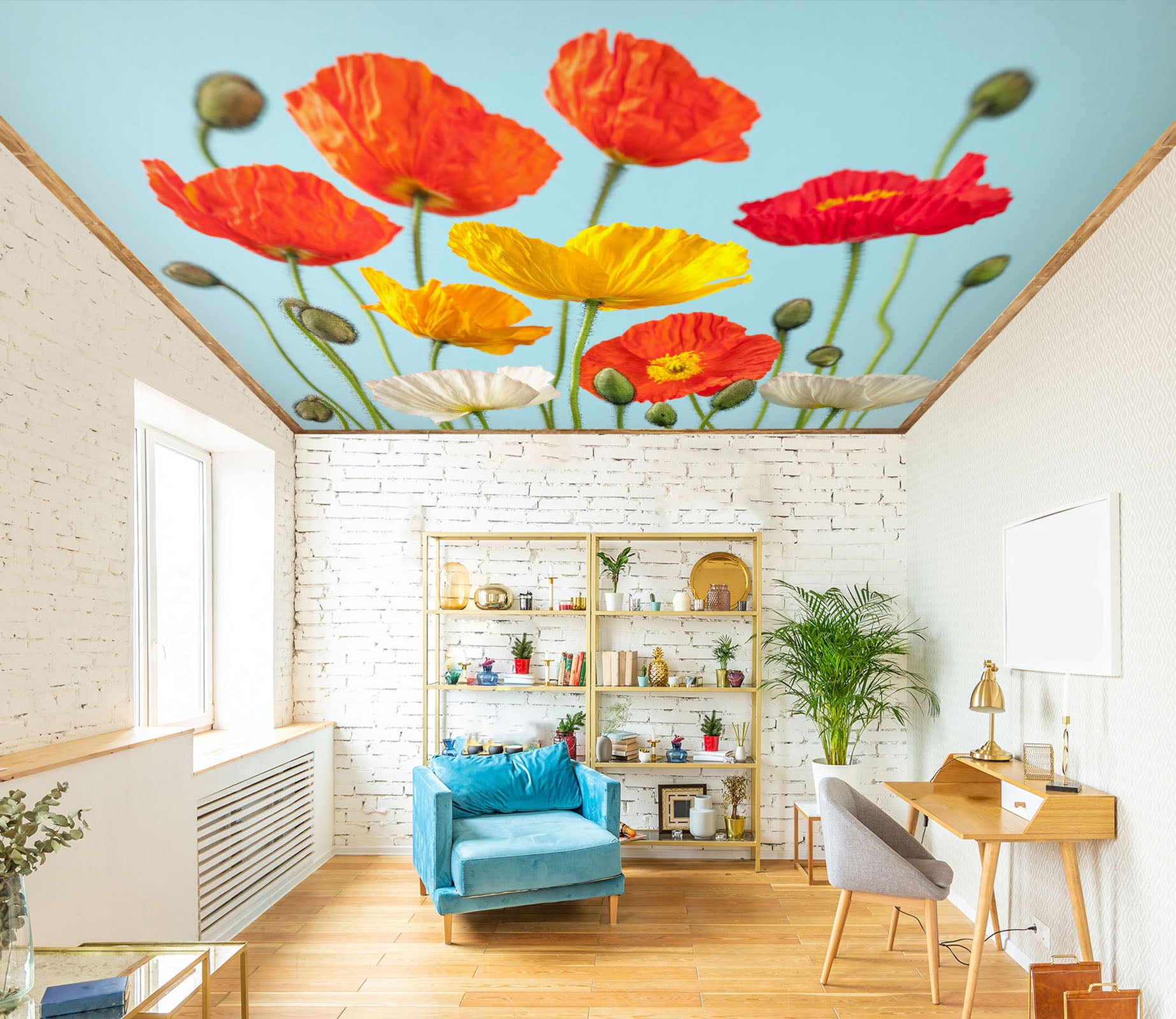 3D Red Yellow Poppy 2562 Assaf Frank Ceiling Wallpaper Murals