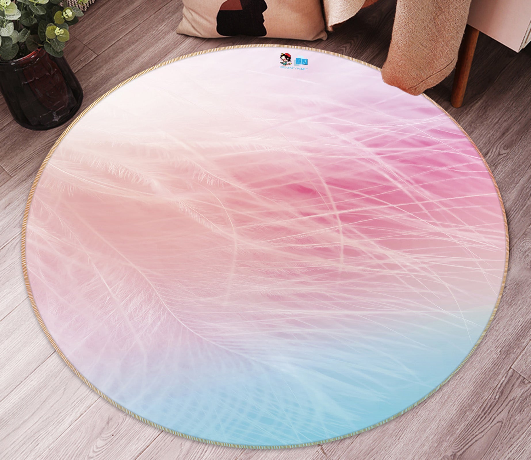 3D Feather 81142 Round Non Slip Rug Mat
