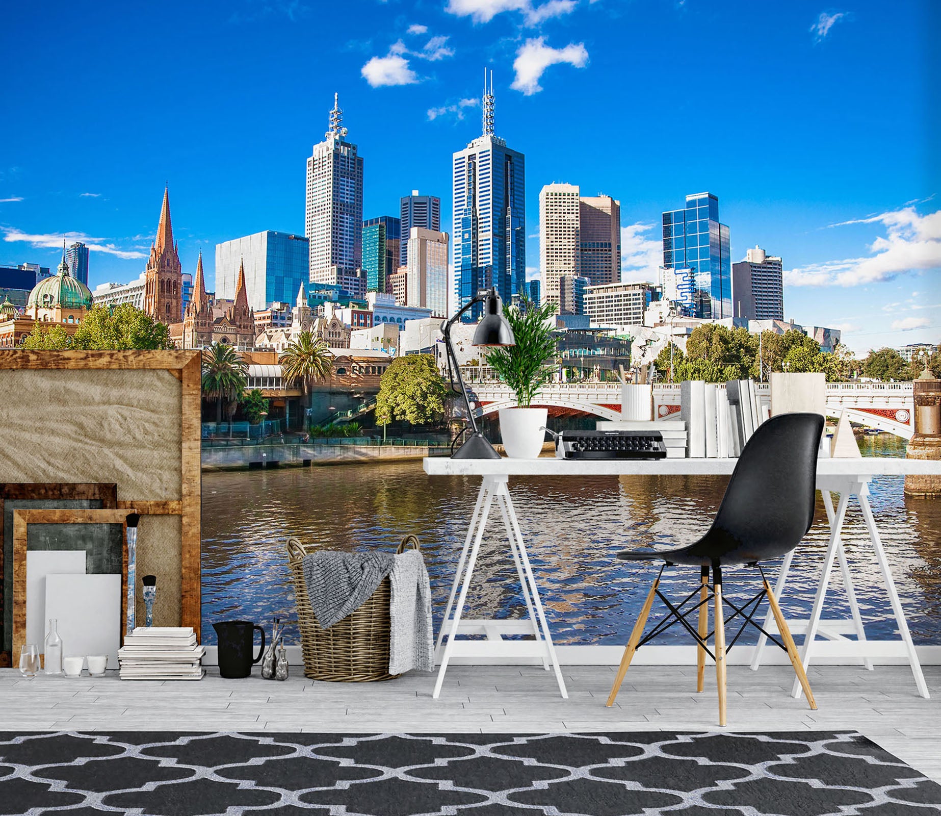 3D City River Bridge 1087 Wall Murals