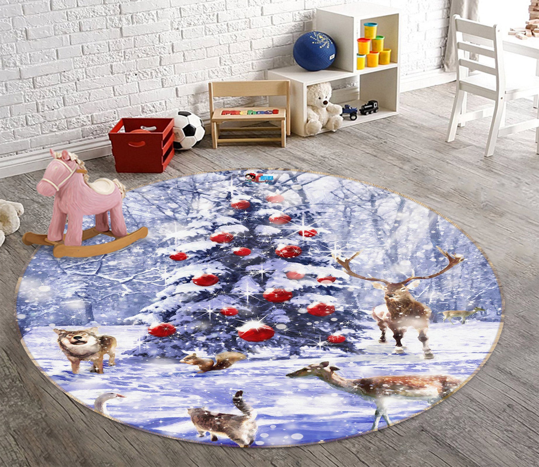 3D Snow Deer 54027 Christmas Round Non Slip Rug Mat Xmas