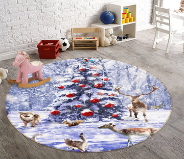 3D Snow Deer 54027 Christmas Round Non Slip Rug Mat Xmas