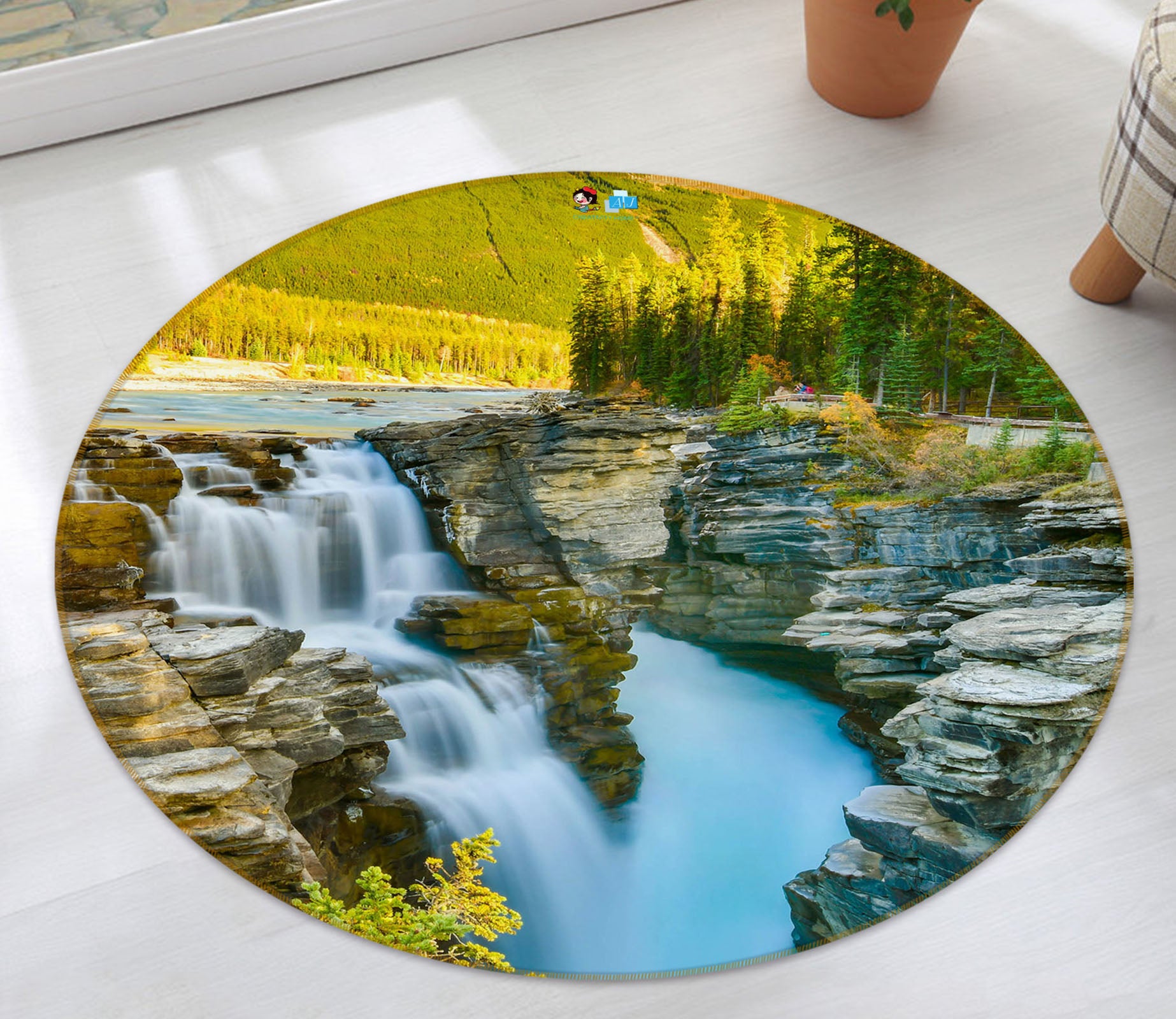 3D Mountain Tree Running Water 69099 Round Non Slip Rug Mat