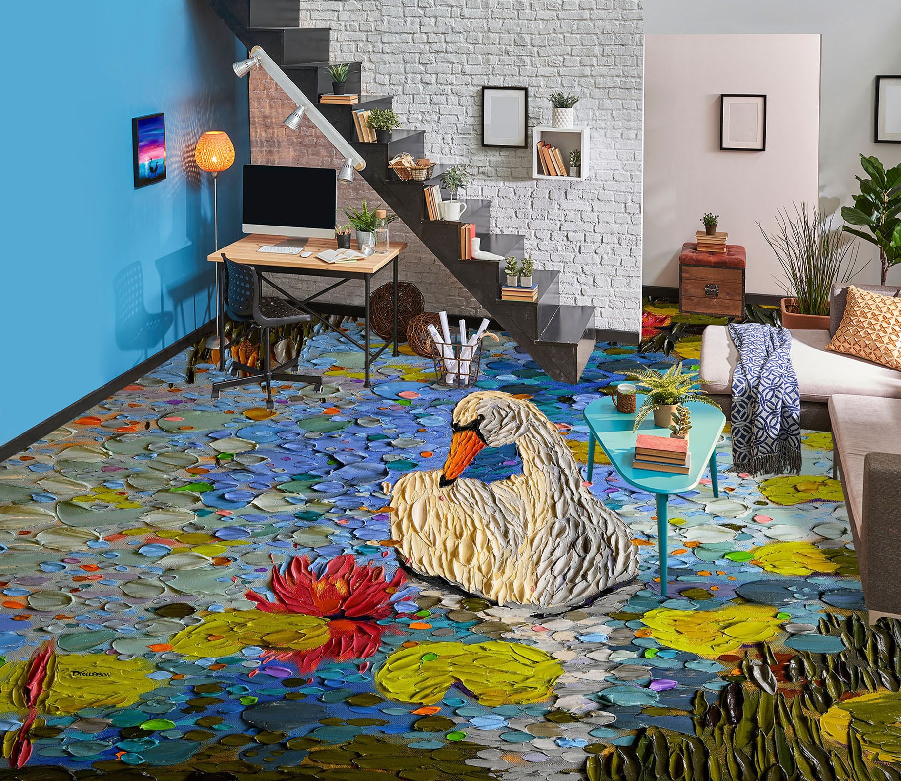 3D Swan Lotus Lake 102168 Dena Tollefson Floor Mural