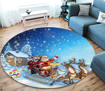 3D Snow House Santa Sleigh 66195 Round Non Slip Rug Mat