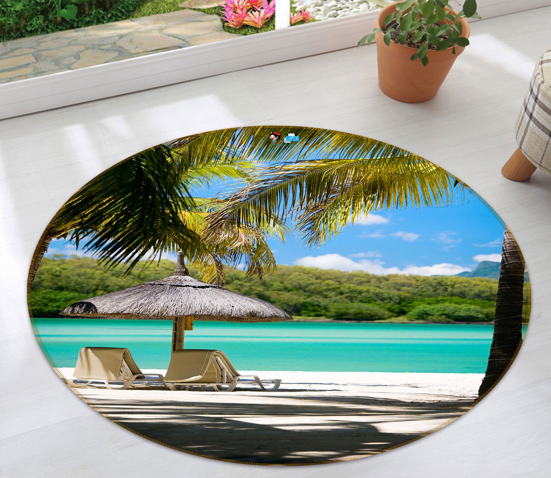3D Beach Coconut Tree 72142 Round Non Slip Rug Mat