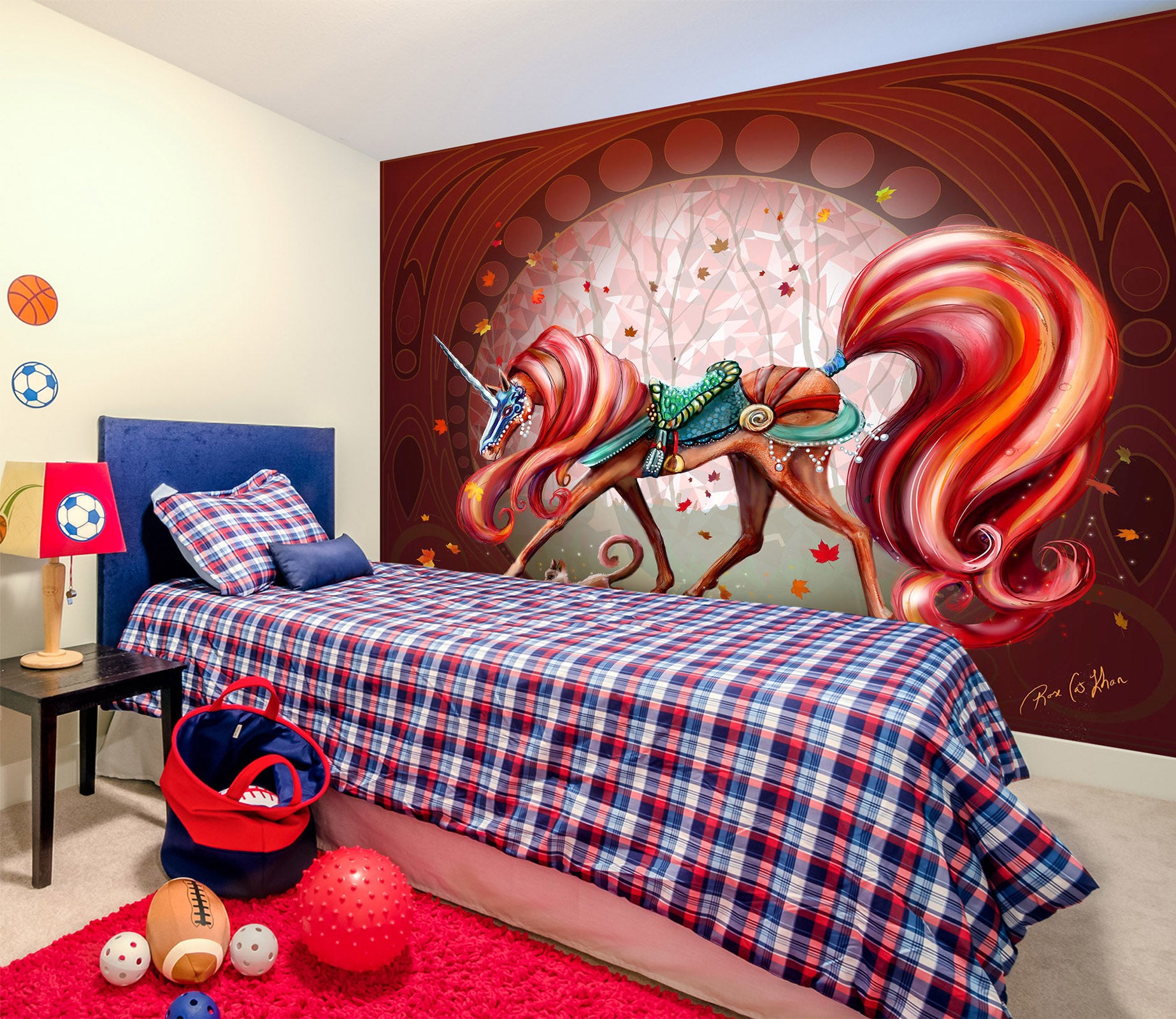 3D Red Unicorn 101 Rose Catherine Khan Wall Mural Wall Murals