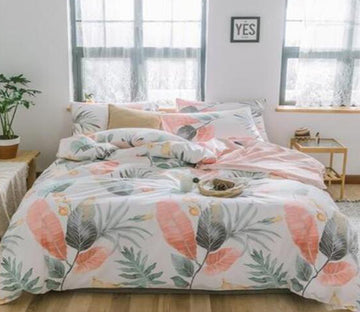 3D Pink Green Leaves 15002 Bed Pillowcases Quilt