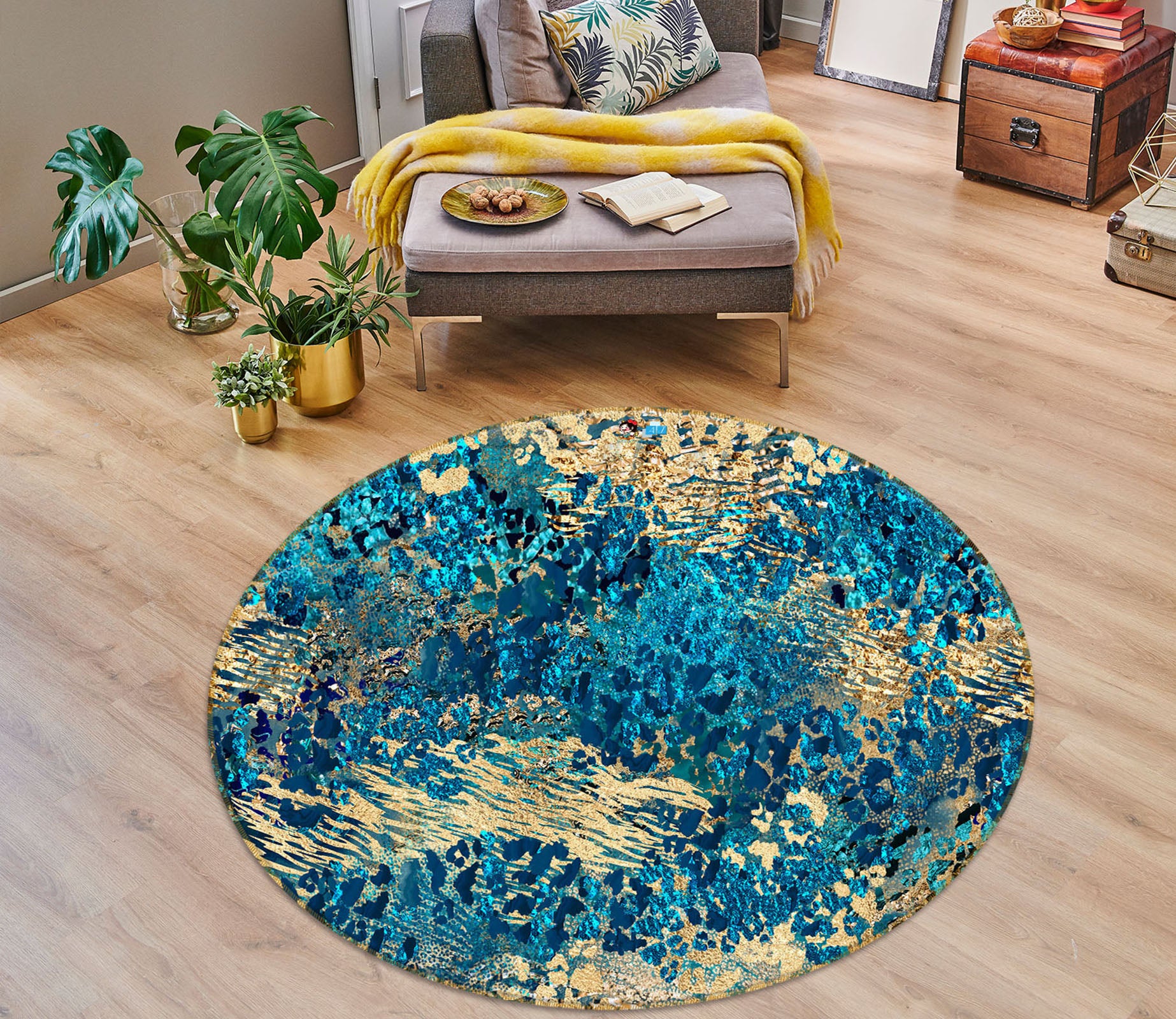 3D Golden Blue Pattern 83078 Andrea haase Rug Round Non Slip Rug Mat