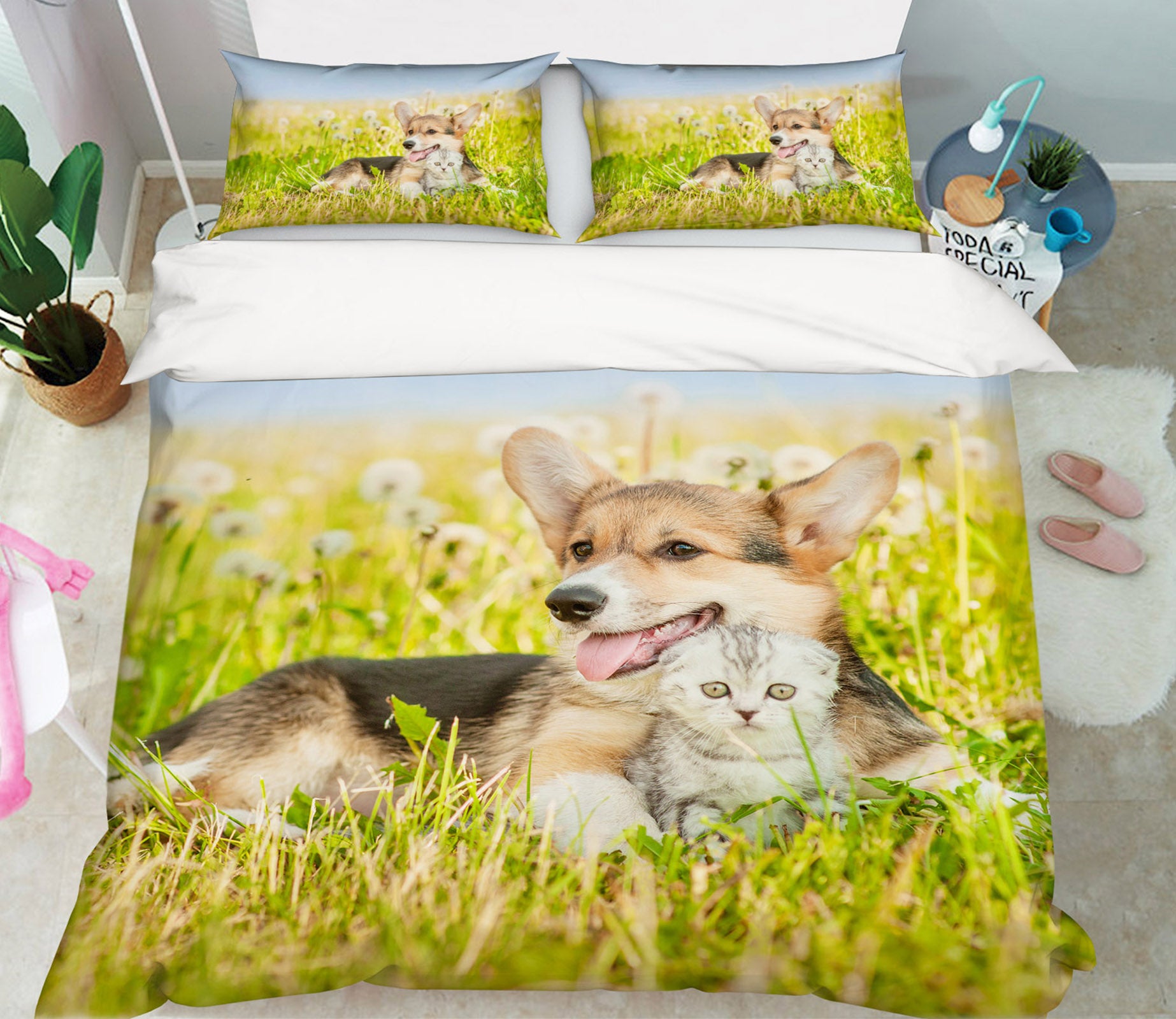 3D Corgi Grassland 14209 Bed Pillowcases Quilt