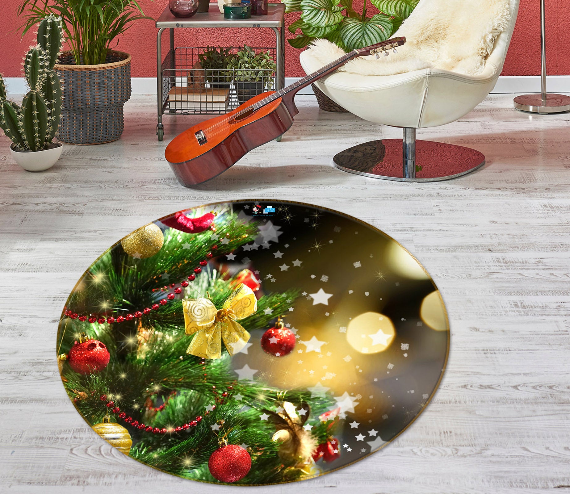 3D Tree Golden Bow 54191 Christmas Round Non Slip Rug Mat Xmas