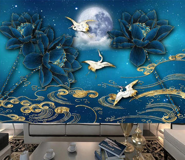 3D Moon Lotus Crane WC2554 Wall Murals