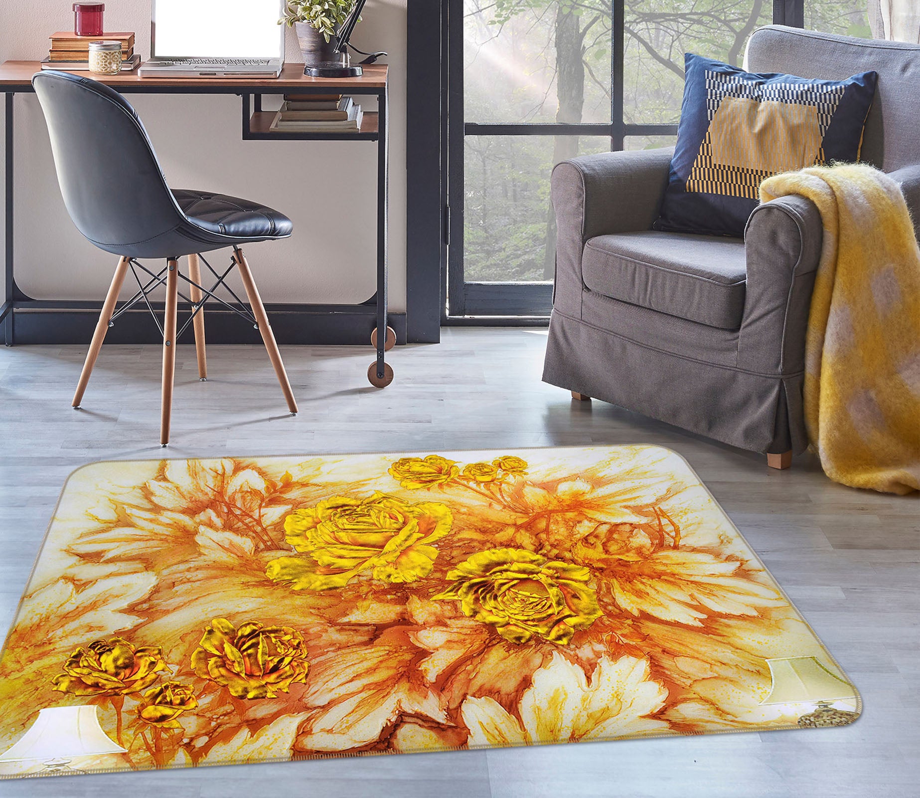 3D Golden Yellow Flowers 32086 Non Slip Rug Mat