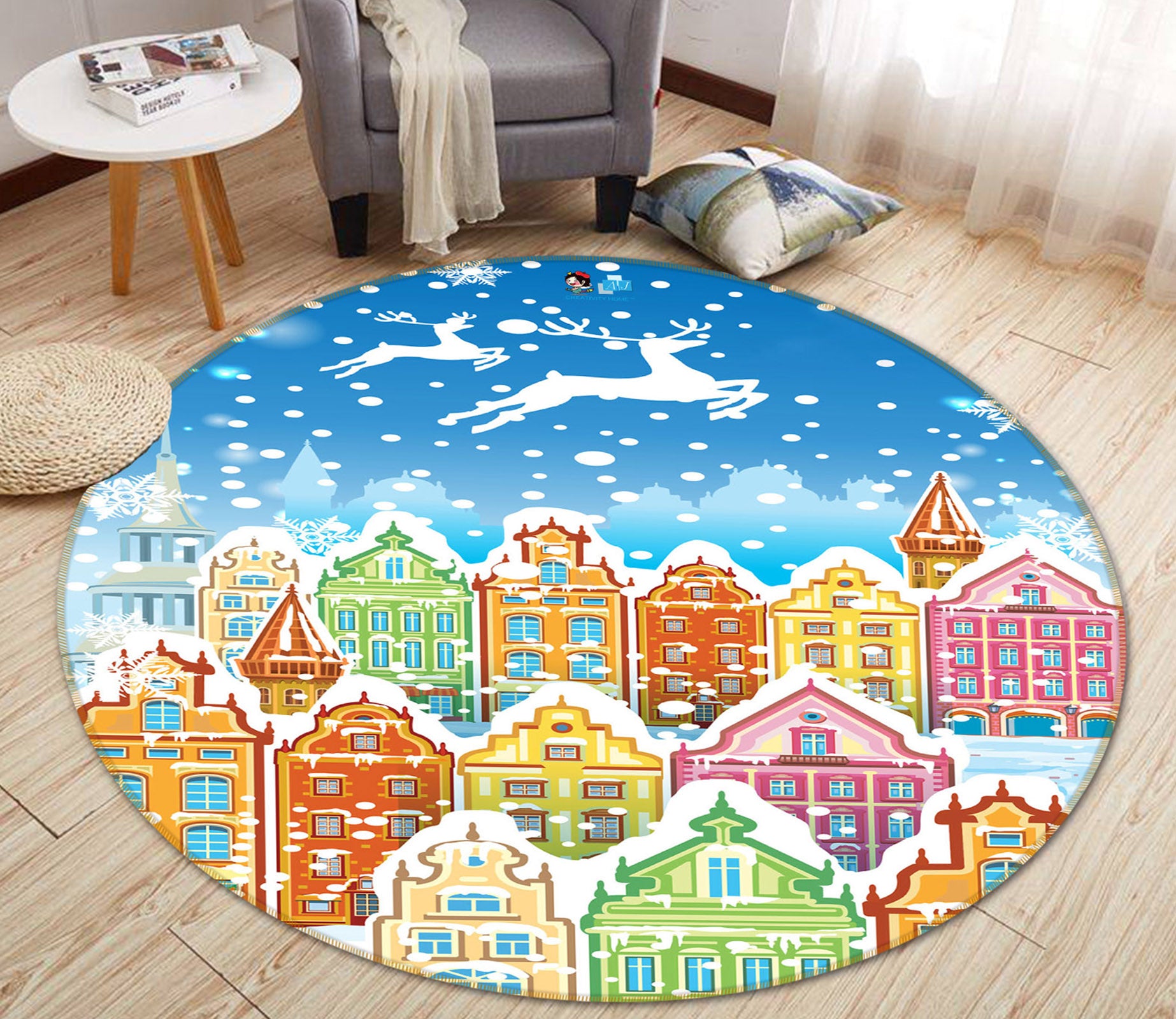 3D Colorful Houses 54138 Christmas Round Non Slip Rug Mat Xmas