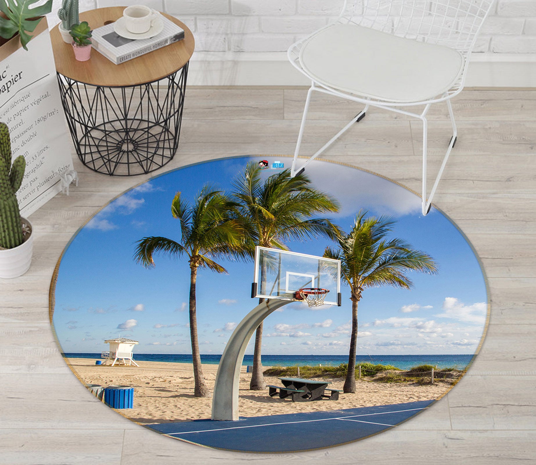 3D Coconut Tree Beach Basketball Court 72245 Round Non Slip Rug Mat