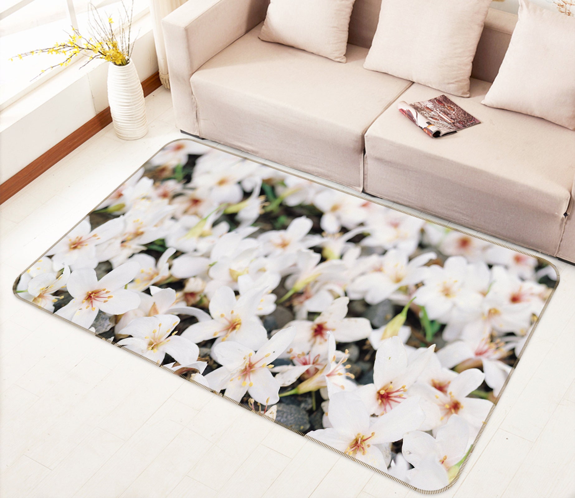 3D White Flowers 75264 Non Slip Rug Mat