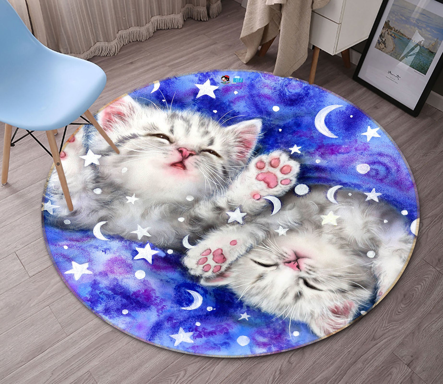 3D Moon Star Cat 6069 Kayomi Harai Rug Round Non Slip Rug Mat