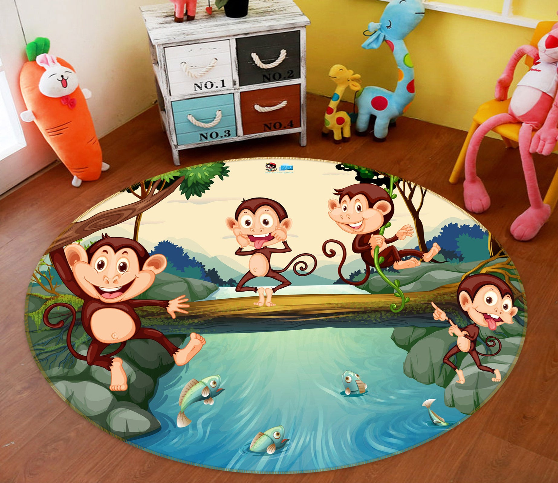3D Small River Wooden Bridge Monkey 81241 Round Non Slip Rug Mat