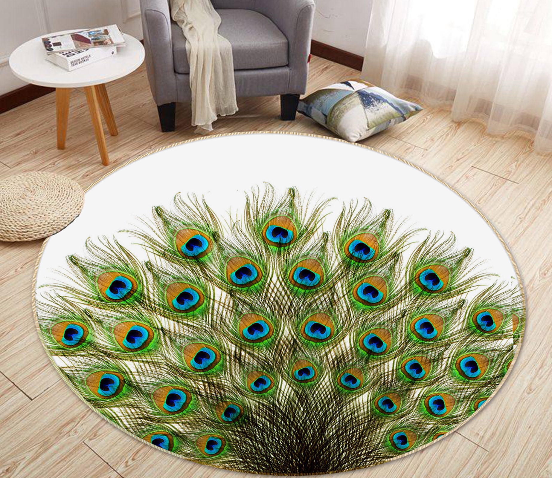 3D Peacock Feather 29024 Round Non Slip Rug Mat