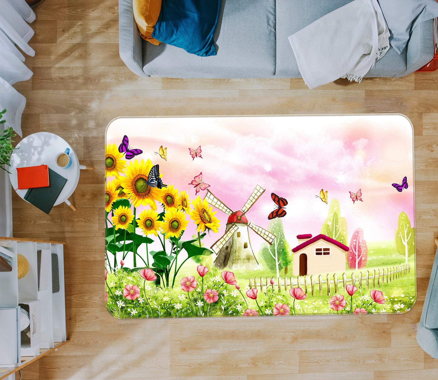 3D Flower Bush Cottage Windmill 76021 Non Slip Rug Mat
