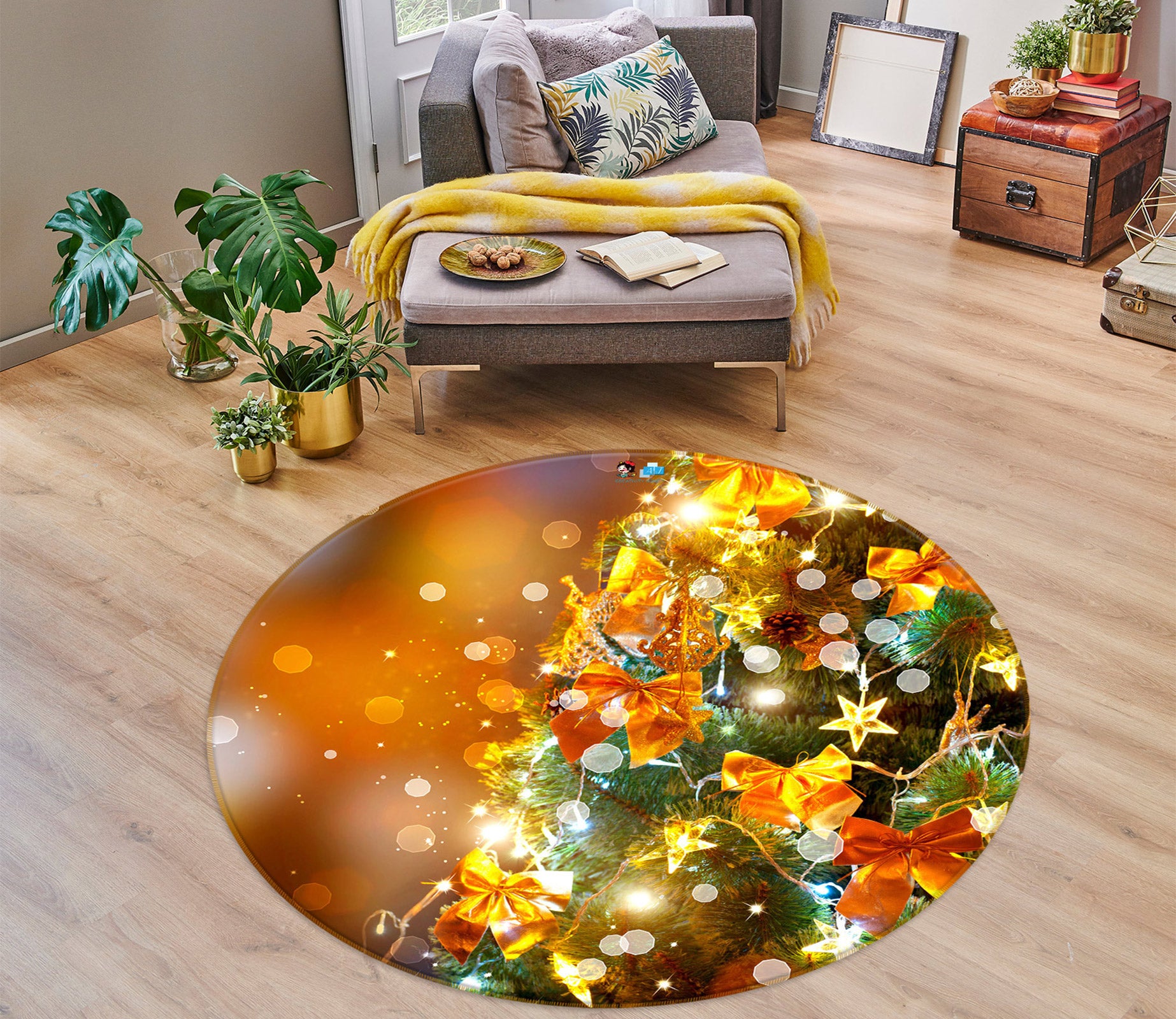 3D Golden Bow 54016 Christmas Round Non Slip Rug Mat Xmas