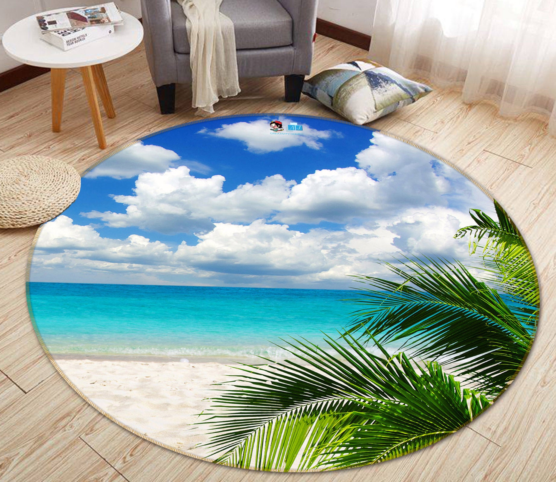 3D Beach Coconut Tree 74137 Round Non Slip Rug Mat
