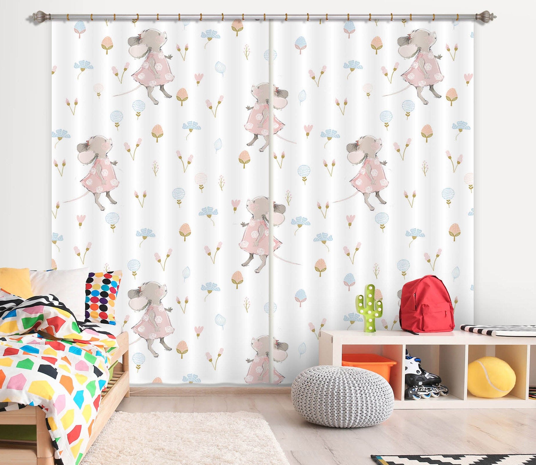 3D Pink Mouse Flower 113 Uta Naumann Curtain Curtains Drapes Curtains AJ Creativity Home 