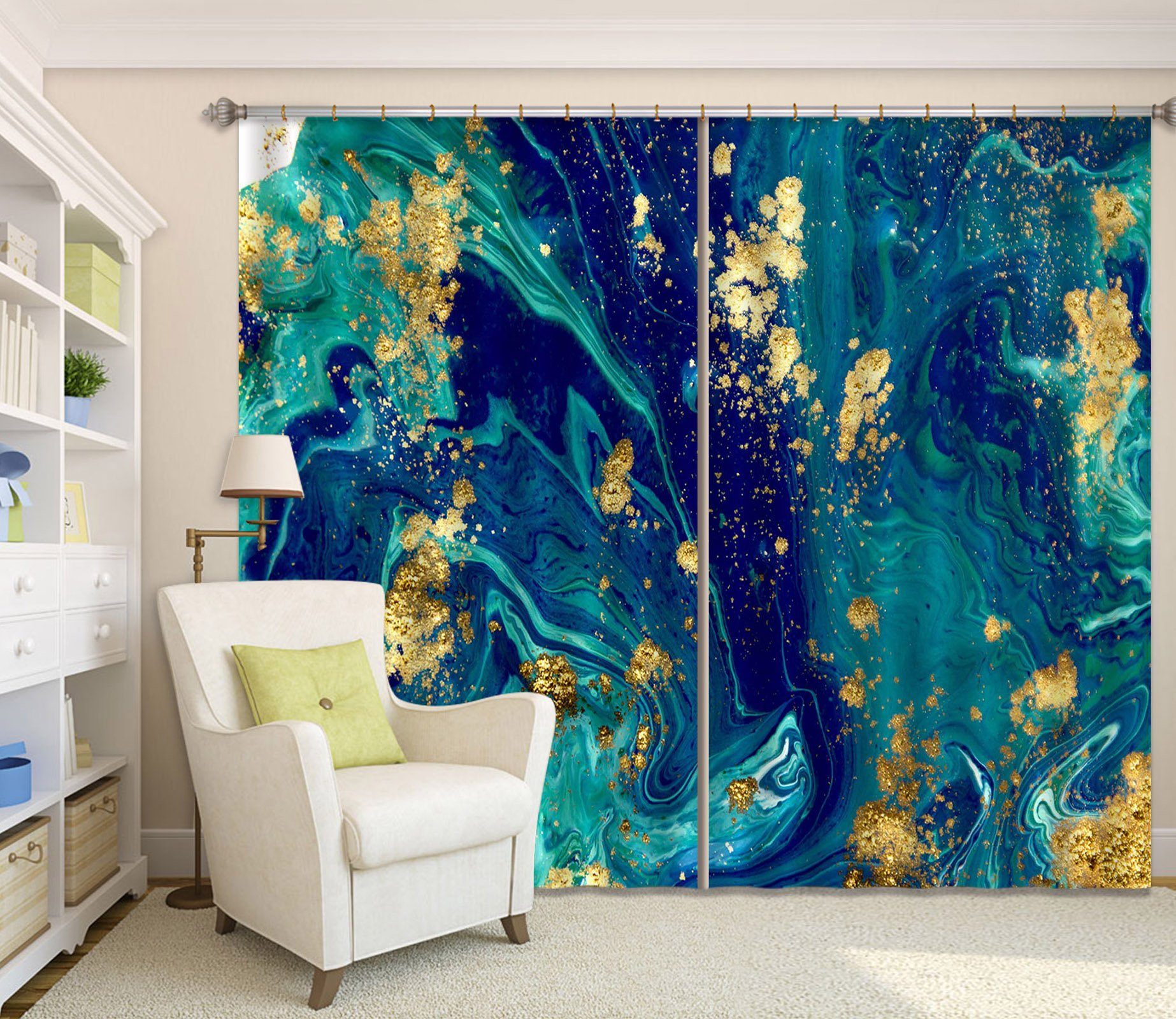 3D Dark Green Gold 21 Curtains Drapes Curtains AJ Creativity Home 