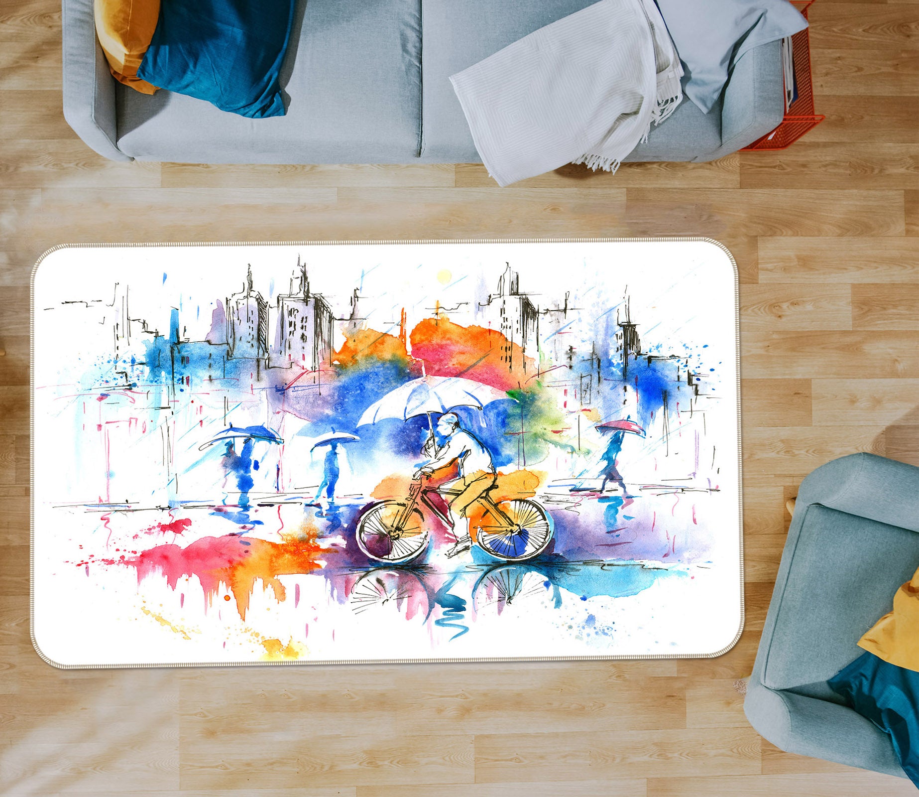 3D Watercolor Car Umbrella 65110 Non Slip Rug Mat