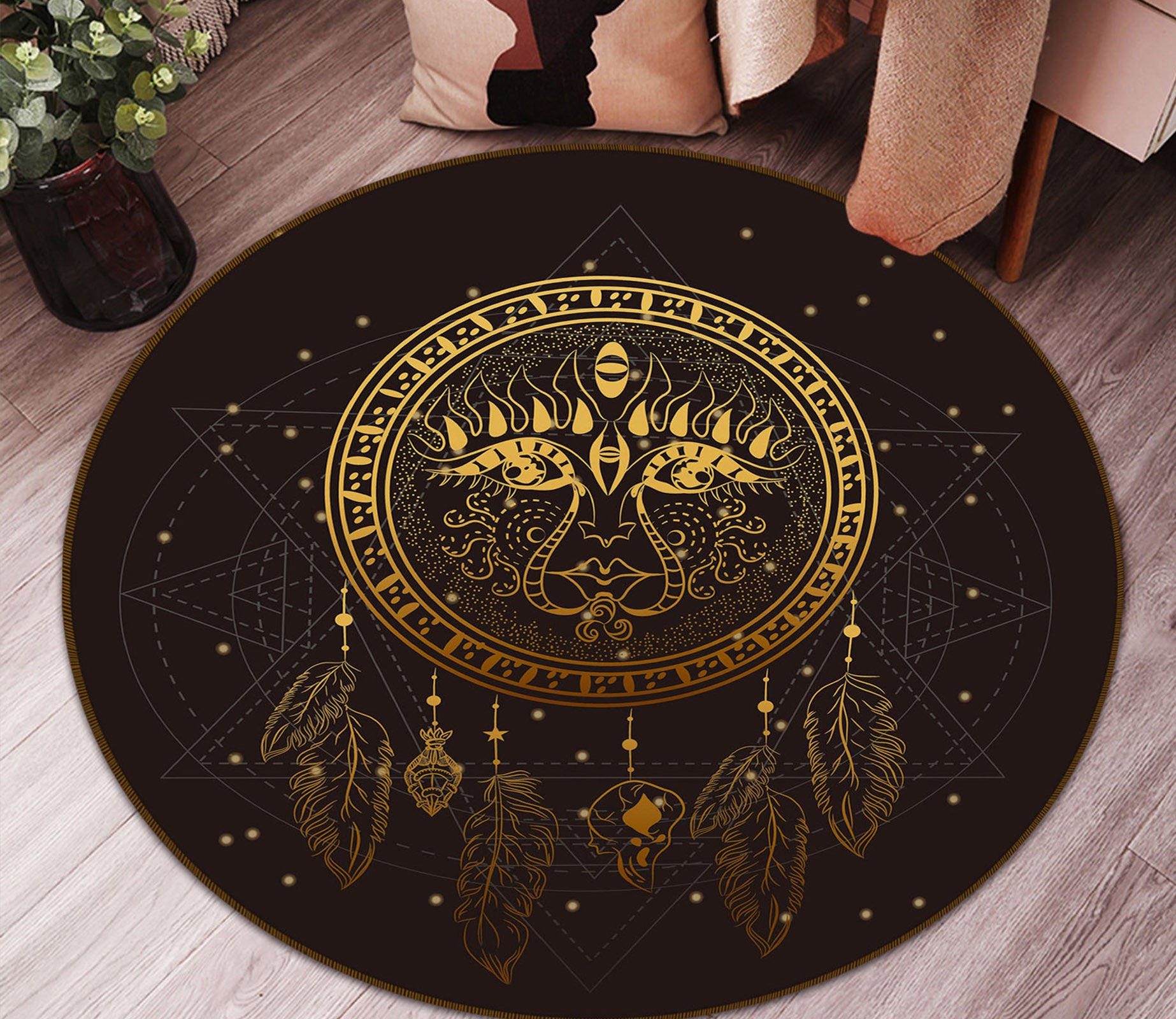 3D Golden Dream Catcher 29028 Round Non Slip Rug Mat