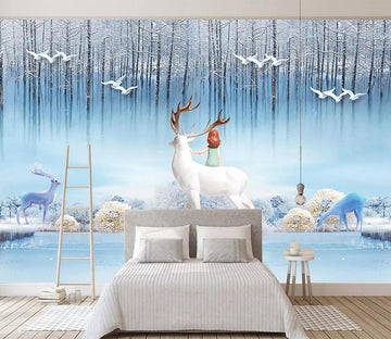 3D White Deer Dove WC586 Wall Murals