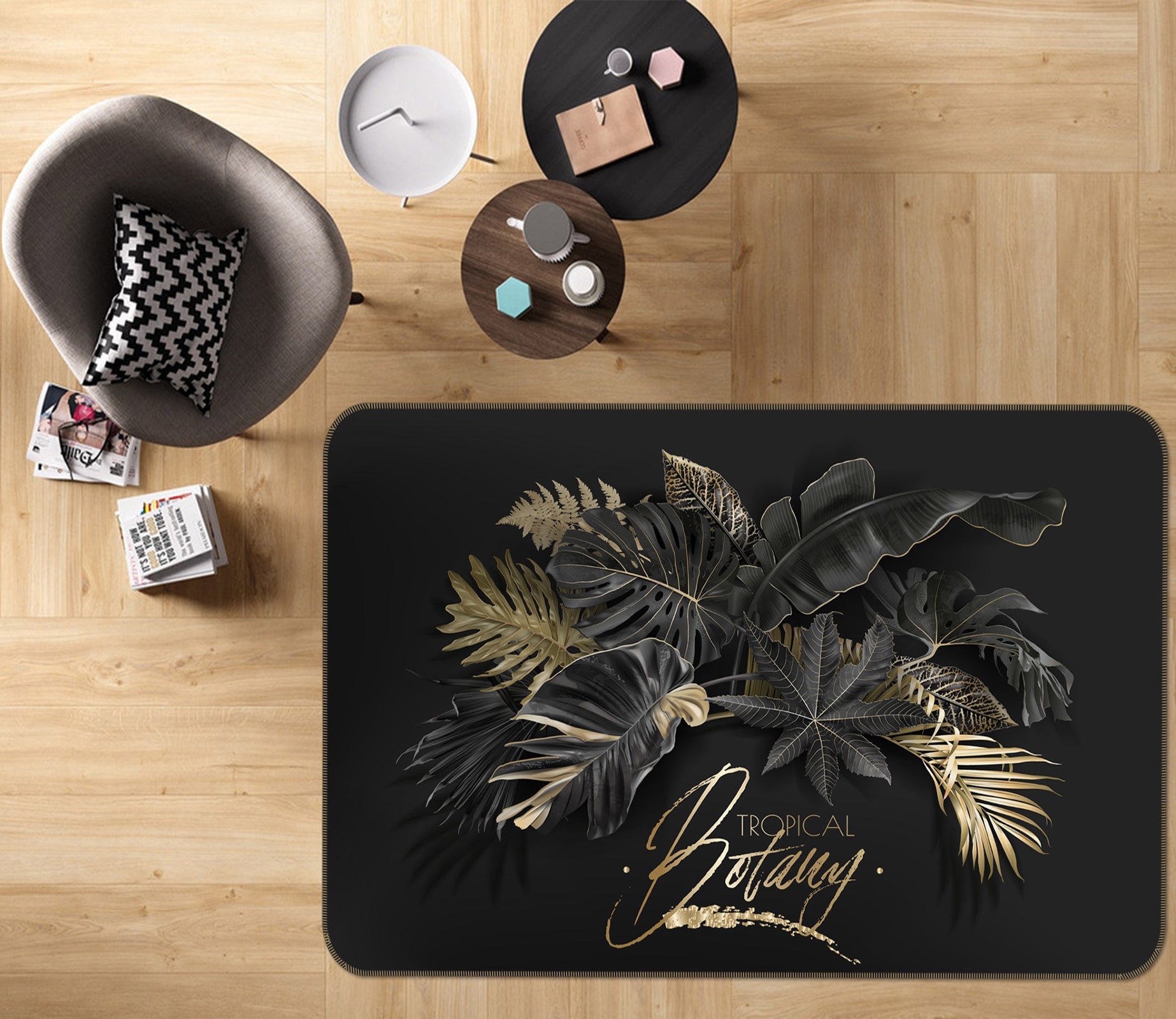 3D Black Gold Leaves 77199 Non Slip Rug Mat