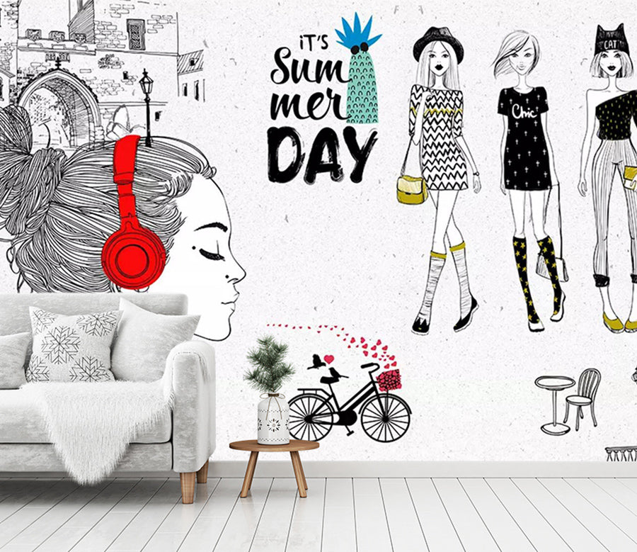 3D Woman Headphones WC670 Wall Murals