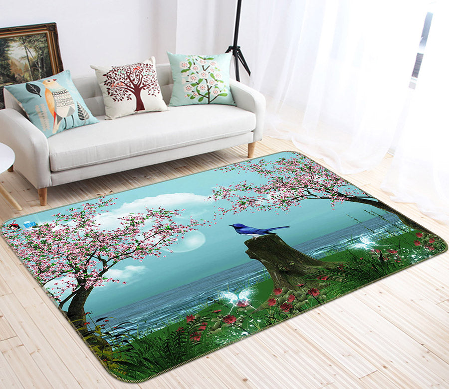3D Cherry Tree Grass Bird 66074 Non Slip Rug Mat