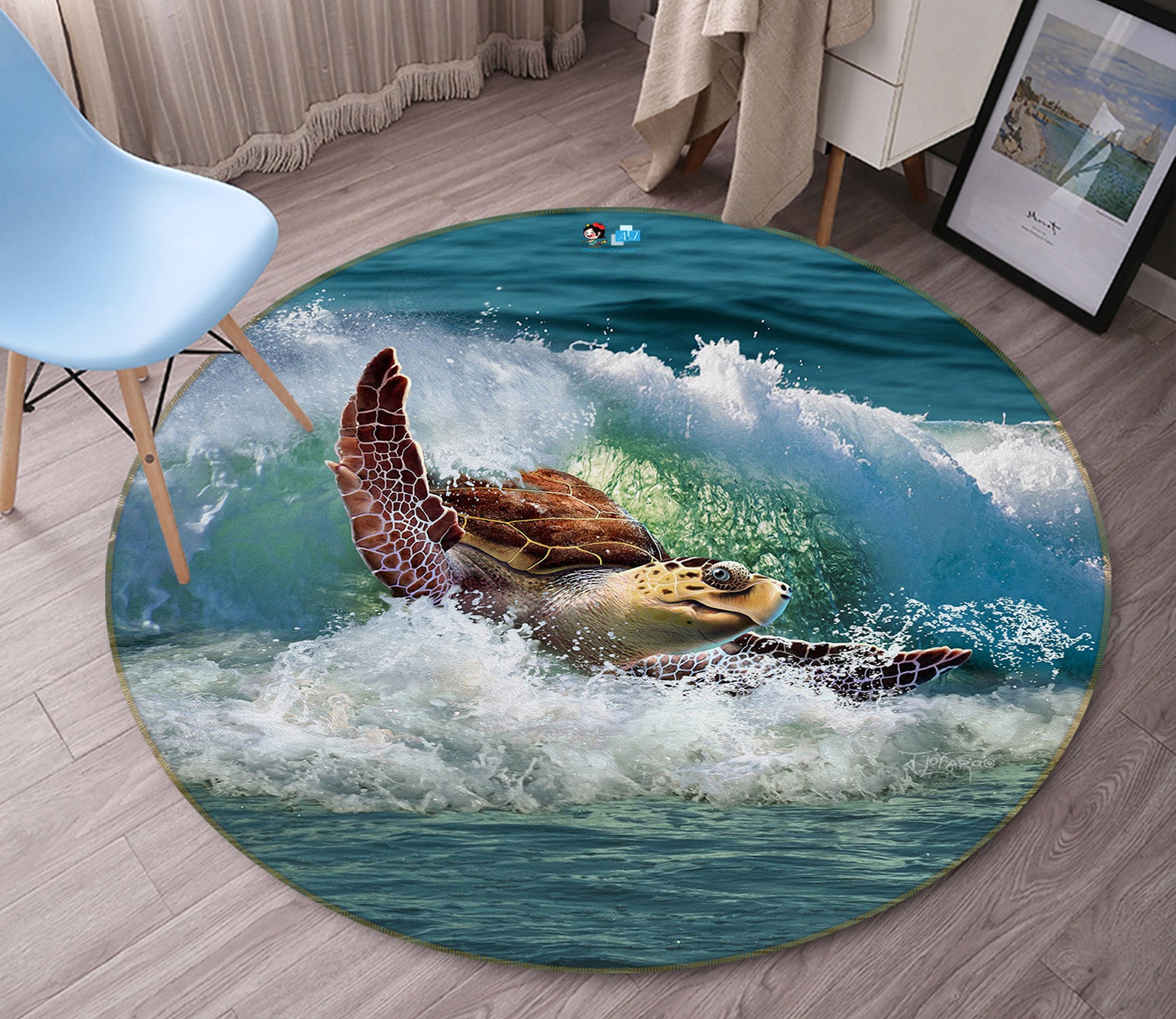 3D Waves Sea Turtle 83142 Jerry LoFaro Rug Round Non Slip Rug Mat