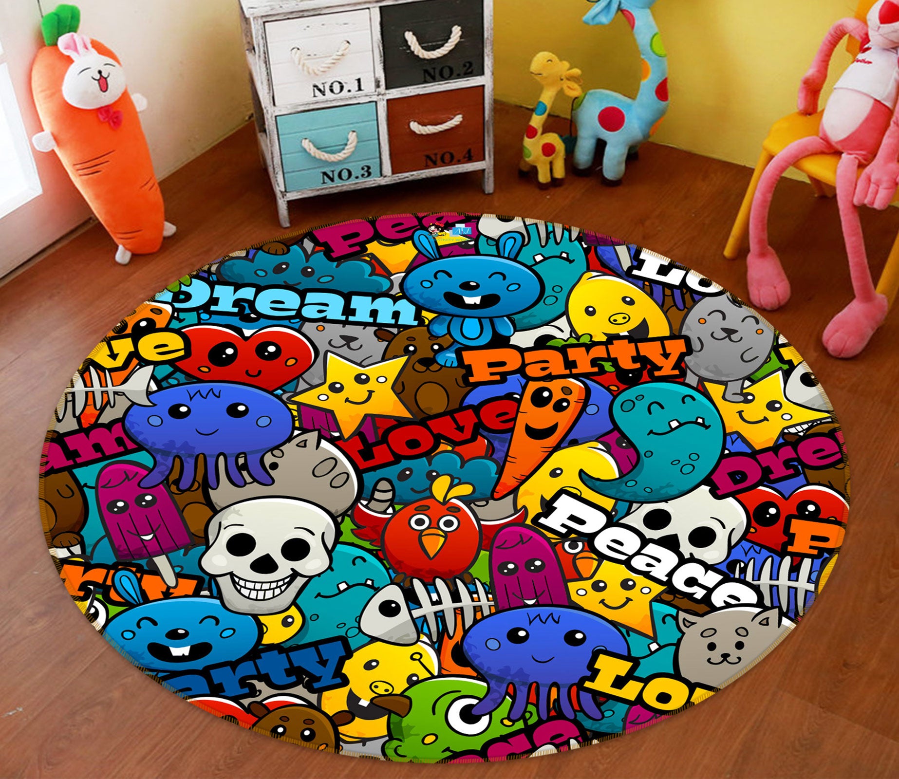 3D Color Cartoon Doll 81231 Round Non Slip Rug Mat