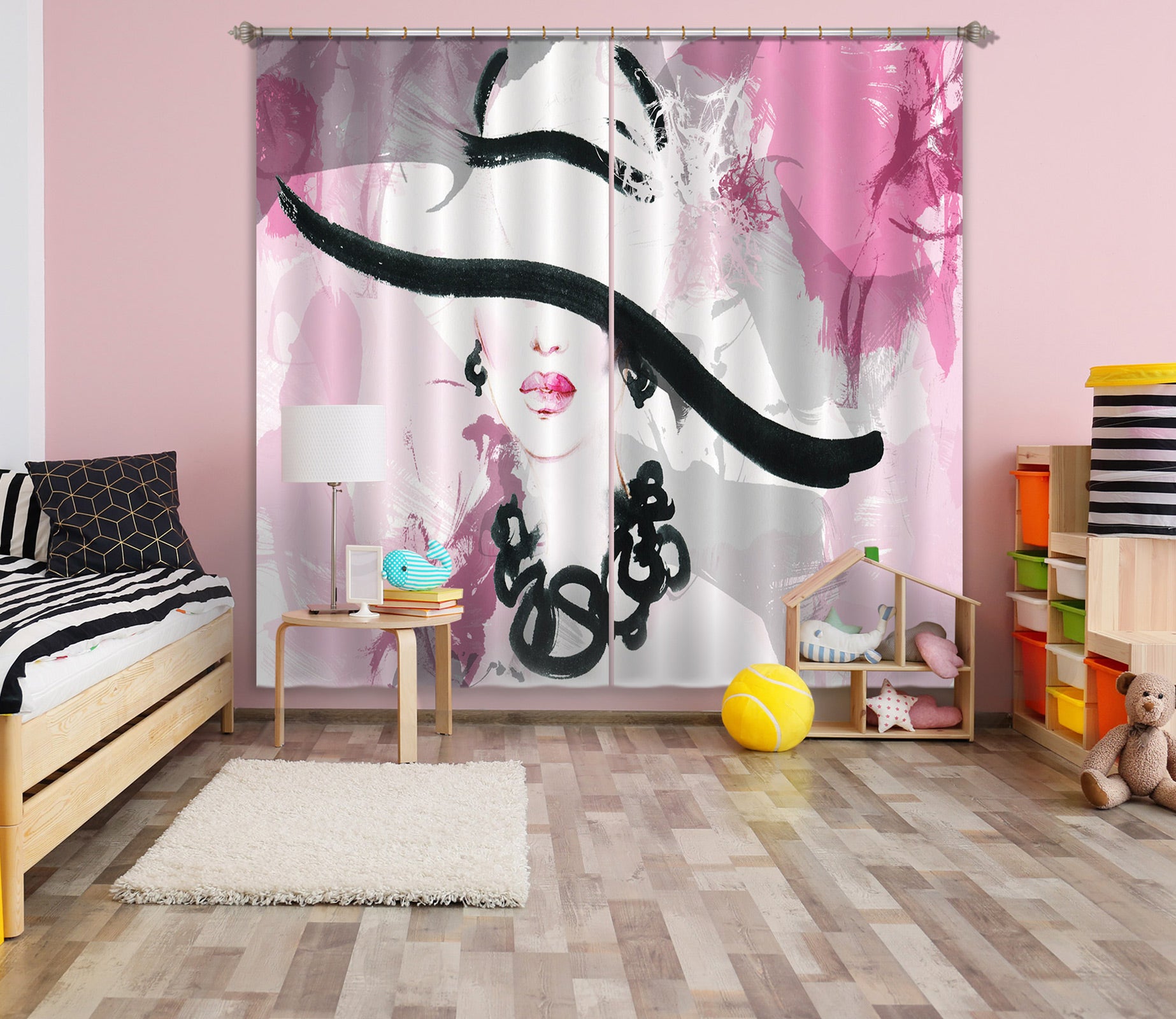 3D White Hat Lady 014 Curtains Drapes