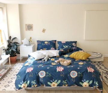 3D Dark Blue Flowers 30066 Bed Pillowcases Quilt