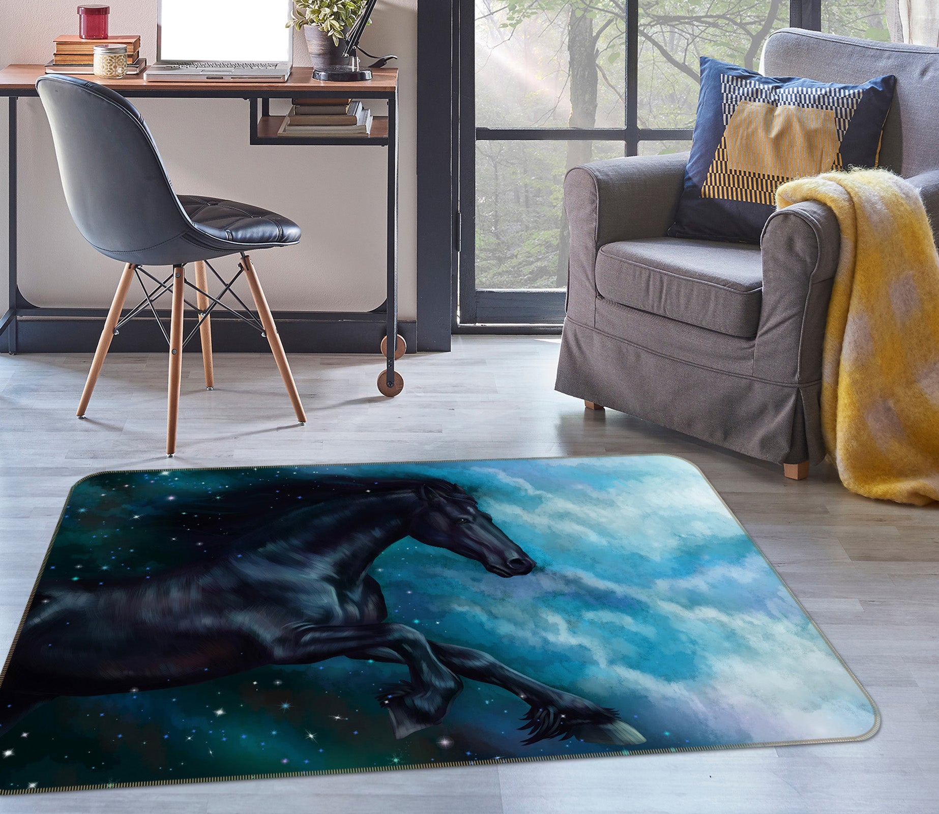 3D Black Horse Star 027 Animal Non Slip Rug Mat