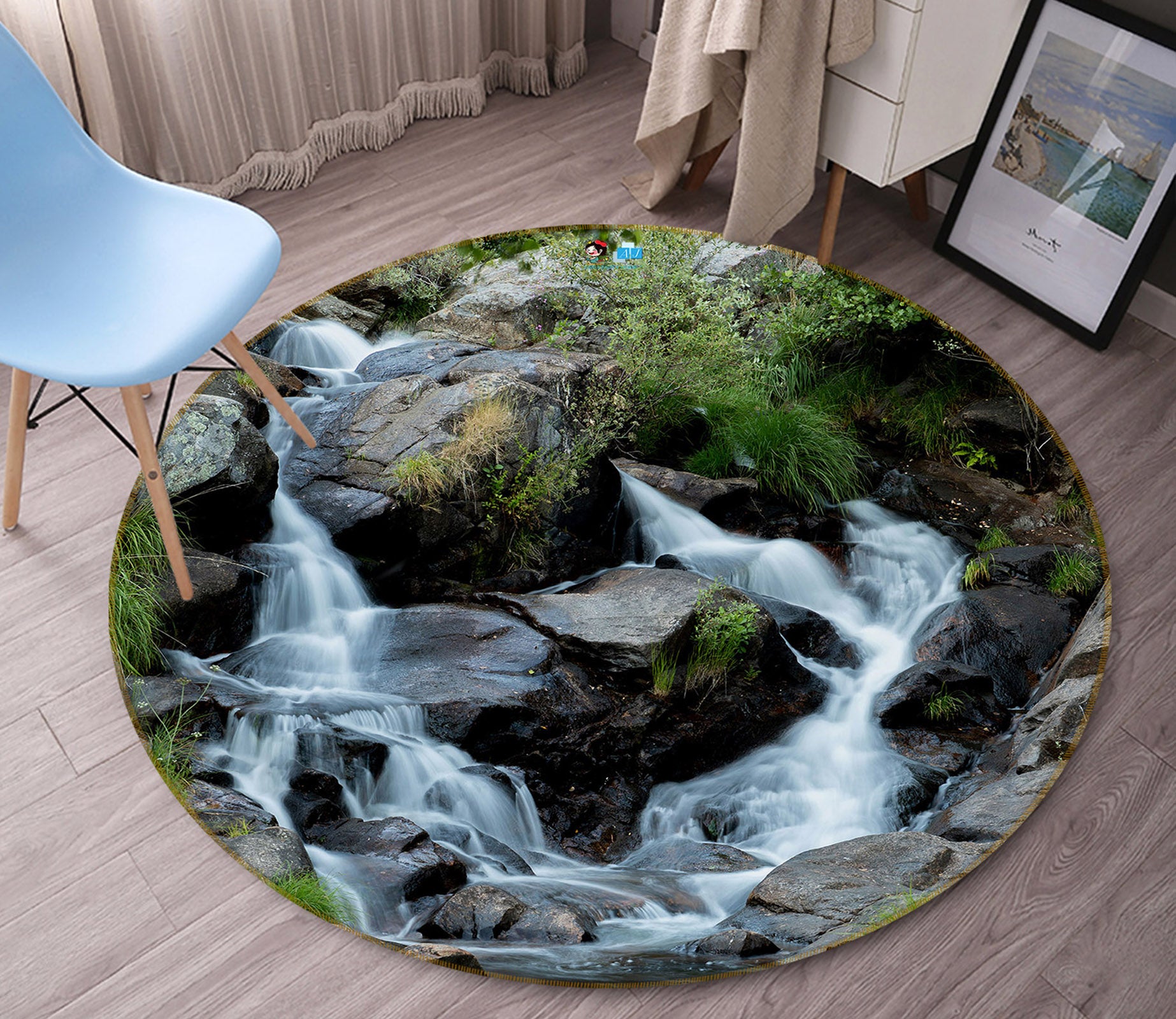 3D Stone Running Water 69122 Round Non Slip Rug Mat