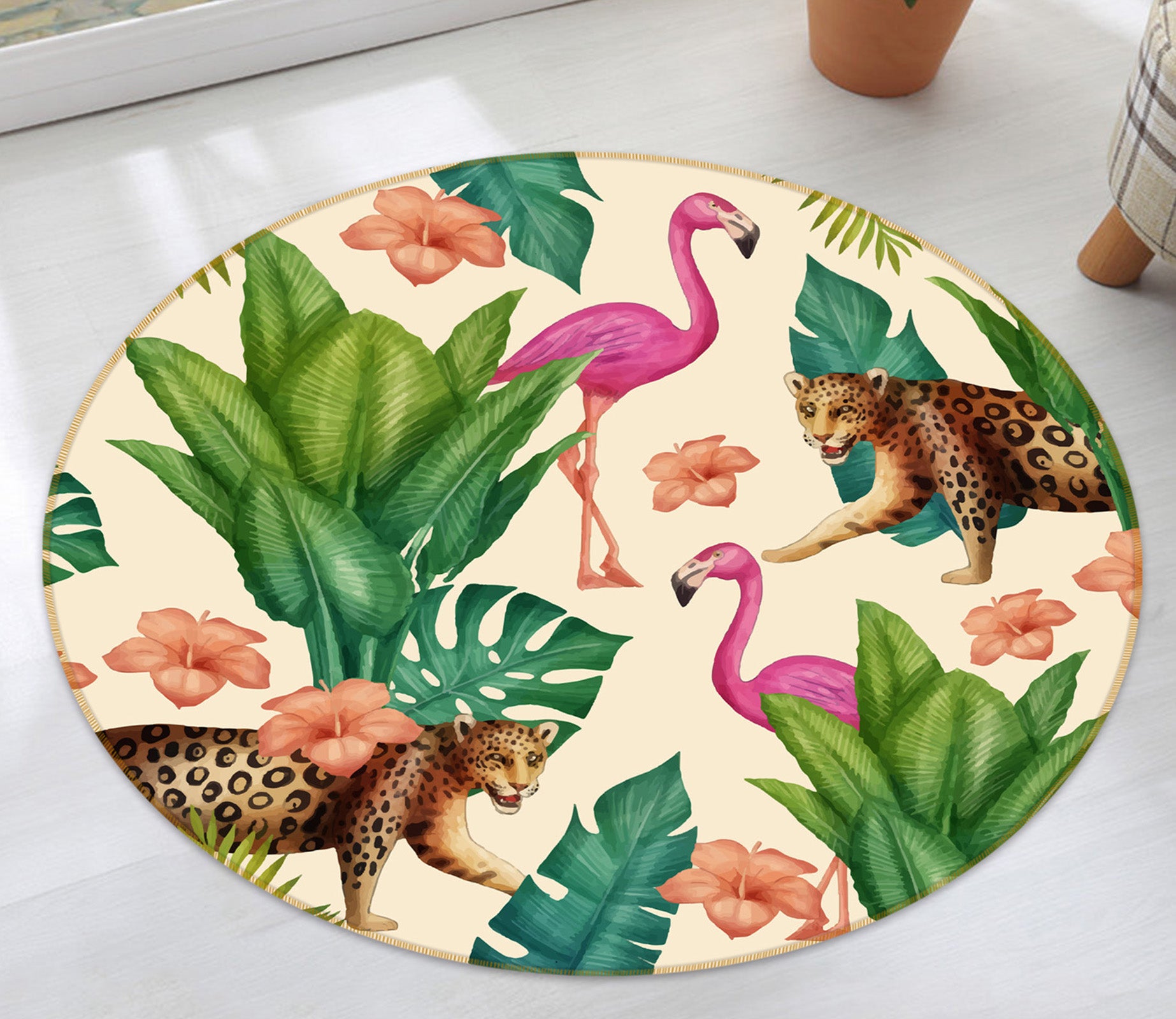 3D Leopard Flamingo 38086 Animal Round Non Slip Rug Mat