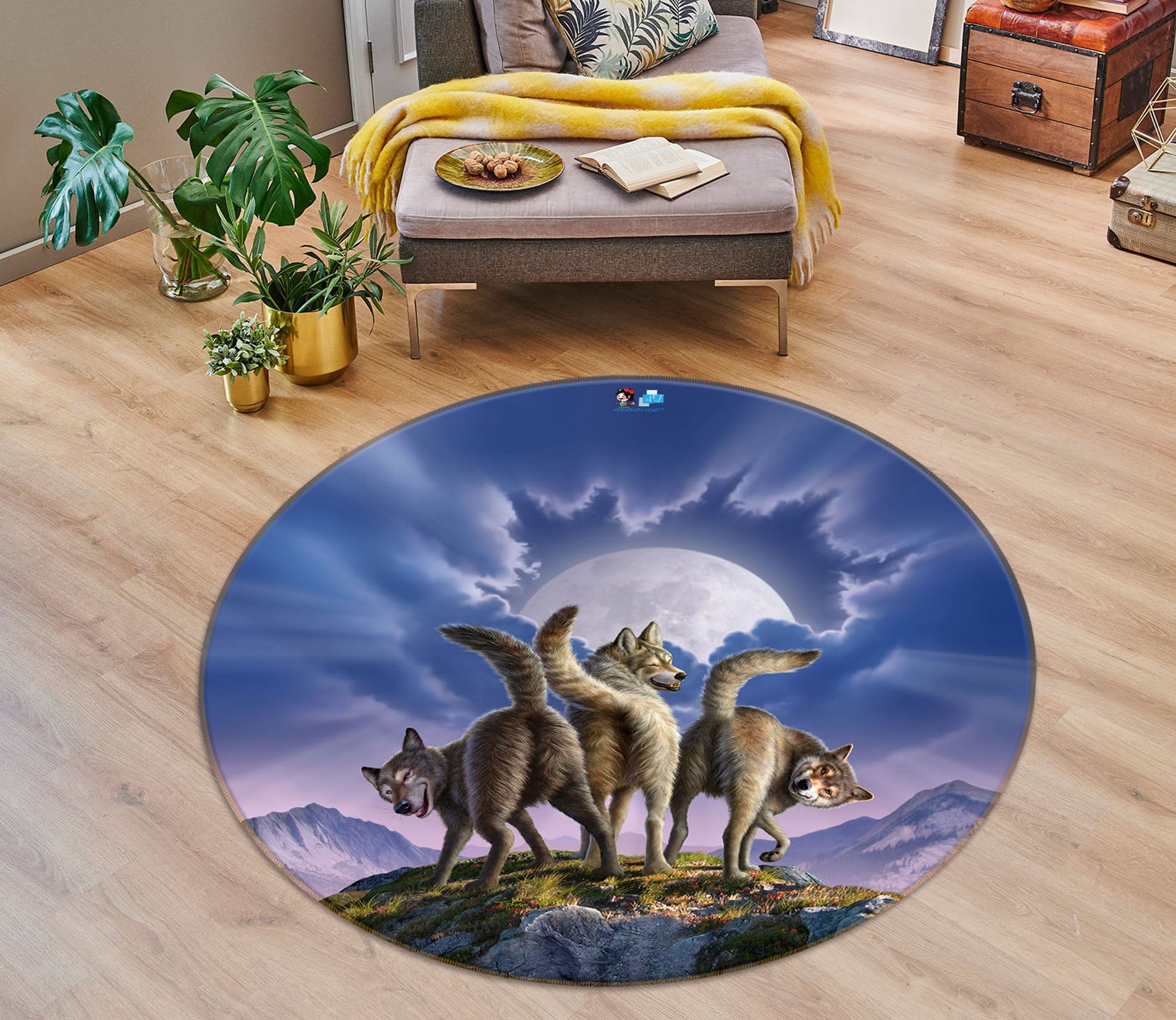 3D Wolf Moon 85120 Jerry LoFaro Rug Round Non Slip Rug Mat