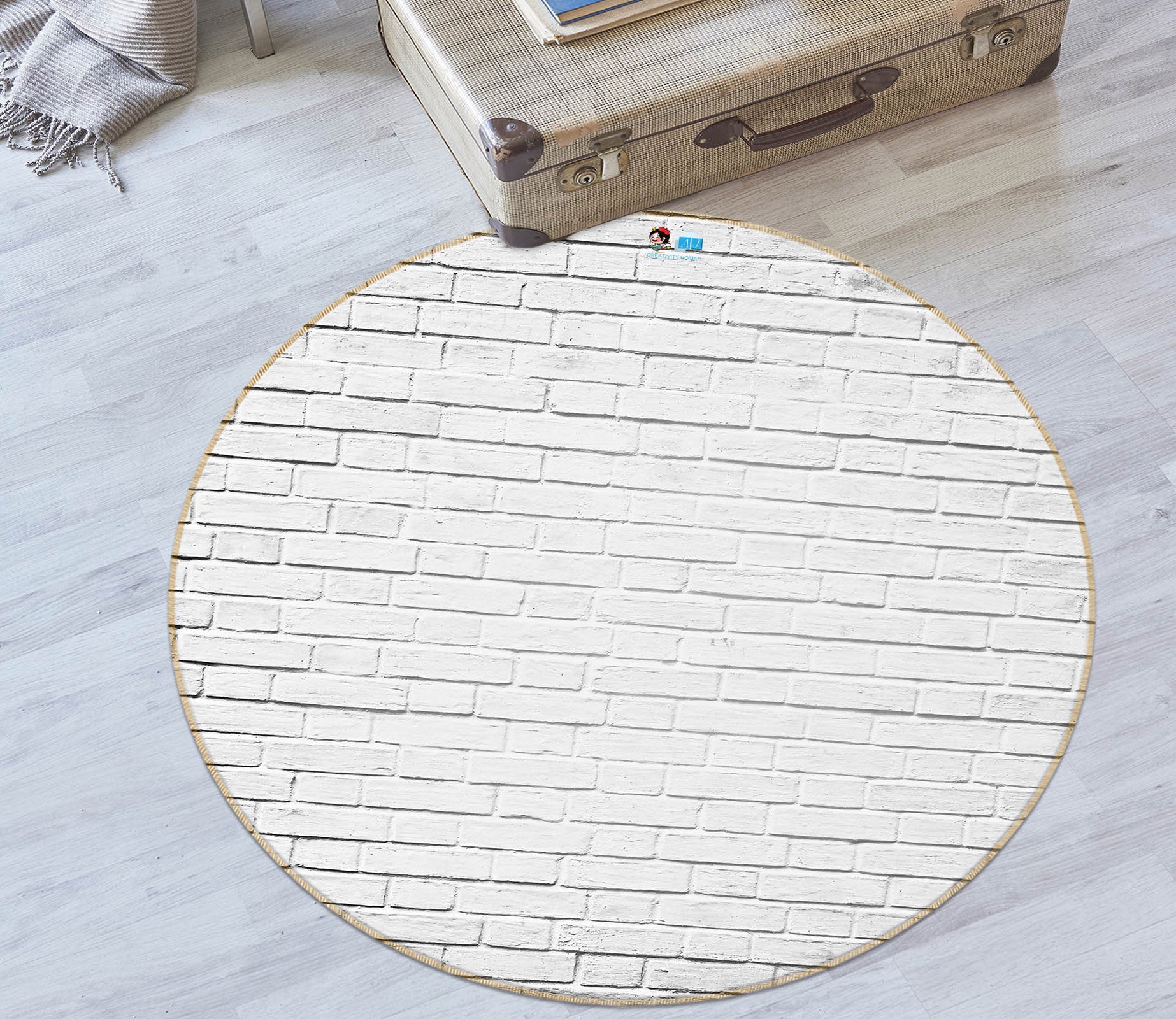 3D White Brick Wall 74143 Round Non Slip Rug Mat