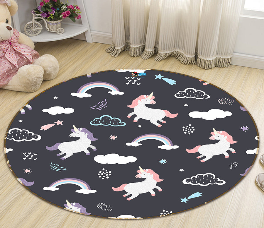 3D Cloud Rainbow Unicorn 64162 Round Non Slip Rug Mat